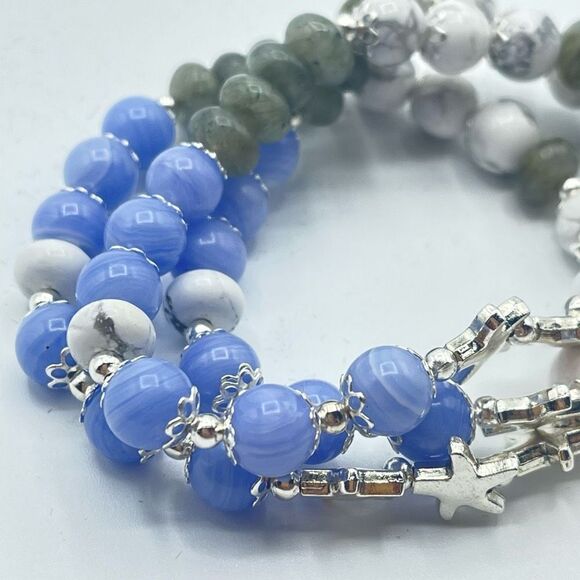 Starfish ocean beaded stretch bracelet ONE NEW blue lace agate howlite labradori - Picture 2 of 7